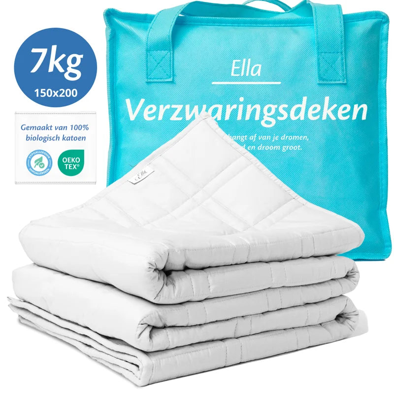 Ella verzwaringsdeken 7 kg 150x200 cm, opgevouwen met turquoise draagtas, gemaakt van biologisch katoen.