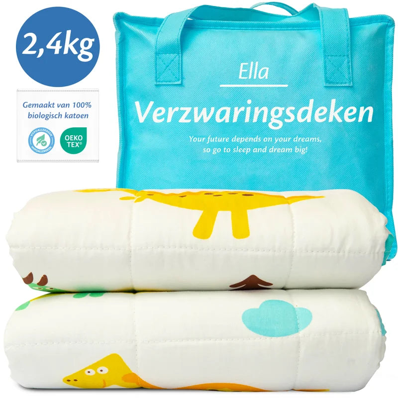 Een verzwaringsdeken van 2,4 kg met een dinosaurusprint, perfect voor kinderen die van dieren houden.