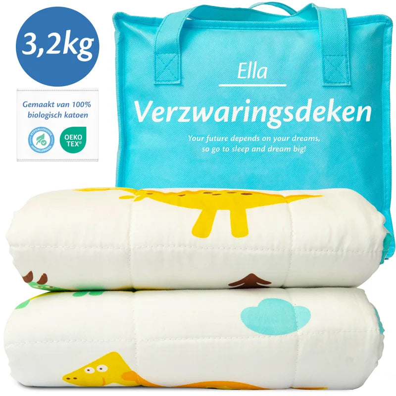 Een Ella Sleeps verzwaringsdeken van 3,2 kg met een dinosaurusprint, perfect voor kinderen die van dieren houden.