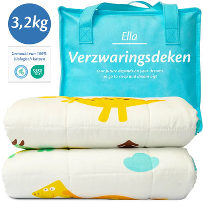 Een Ella Sleeps verzwaringsdeken van 3,2 kg met een dinosaurusprint, perfect voor kinderen die van dieren houden.