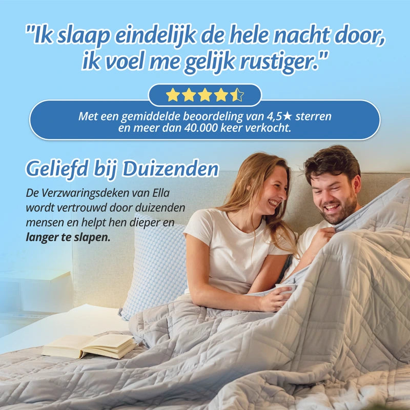 Klantreview van de Ella verzwaringsdeken met 4,5 sterren en een koppel samen in bed.