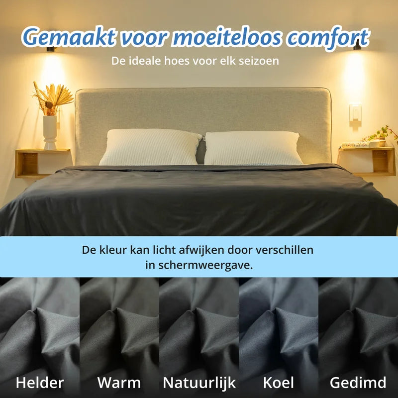 Slaapkamer met opgemaakt bed met antracietgrijze Ella hoes, kleurvarianten onderaan.