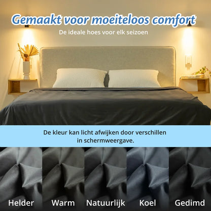 Slaapkamer met opgemaakt bed met antracietgrijze Ella hoes, kleurvarianten onderaan.