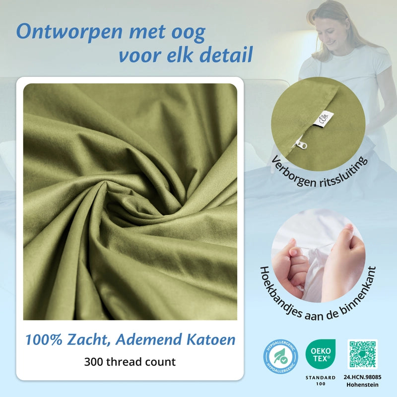 Detail van licht olijfgroene Ella hoes met verborgen rits, hoekbandjes aan de binnenkant en zacht ademend katoen.