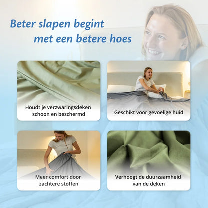 Vier voordelen van grijze Ella hoes voor verzwaringsdekens, getoond in gebruik.