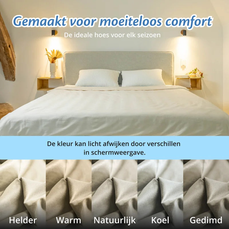 Slaapkamer met opgemaakt bed met organisch witte Ella hoes, kleurvarianten onderaan.