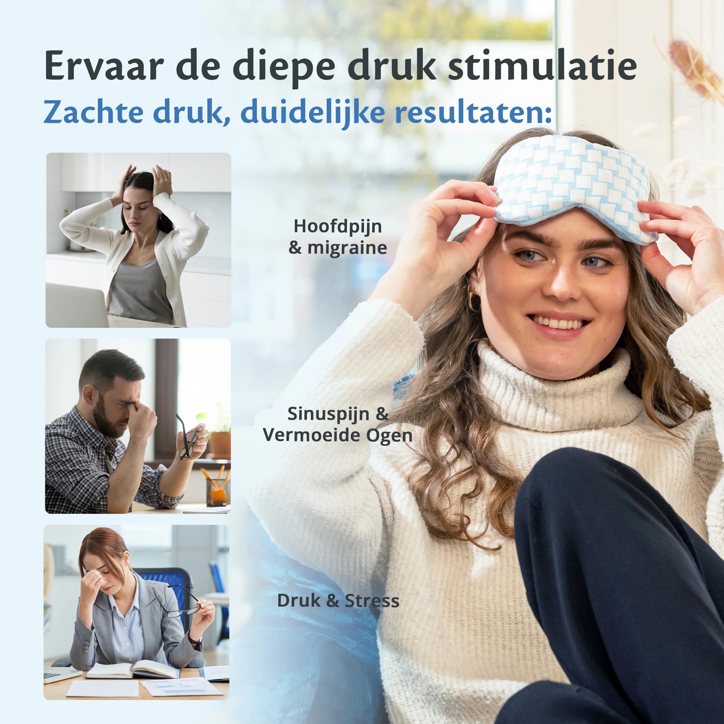 Frau mit einer Schlafmaske, perfekt zur Linderung von Nasennebenhöhlenschmerzen und Müdigkeit.