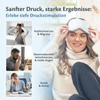 Lächelnde Frau schiebt die Schlafmaske auf die Stirn, daneben drei Anwendungsfälle: Kopfschmerzen und Migräne, Nasennebenhöhlenschmerzen und müde Augen, Druck und Stress