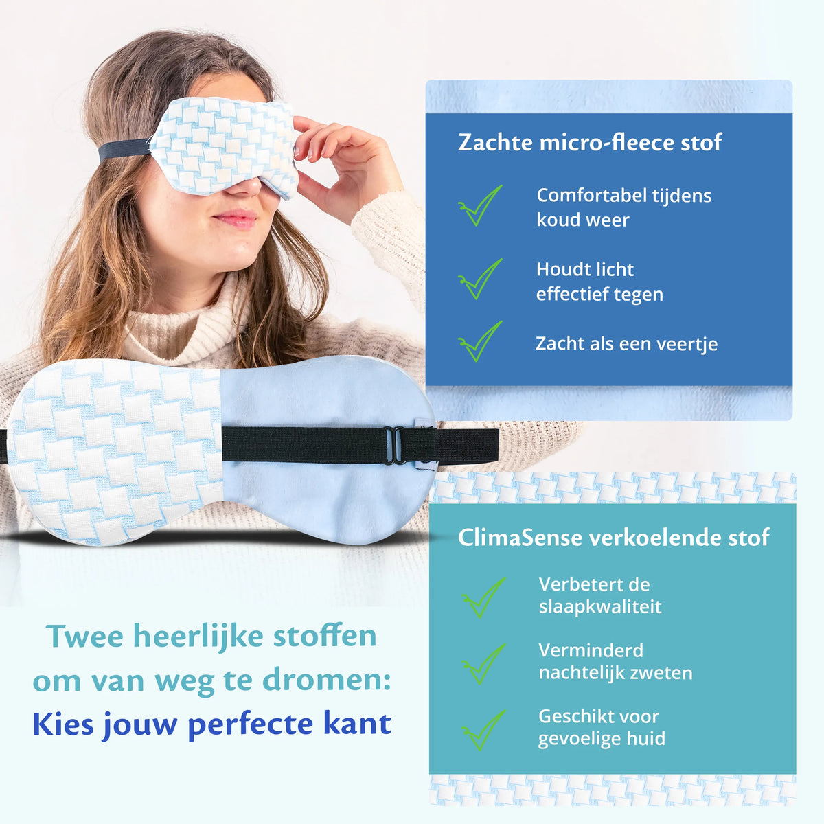 Frau mit einer Schlafmaske mit „zwei Möglichkeiten zu schlafen“, die den Luxus von zwei weichen Stoffen für eine gute Nachtruhe genießt.