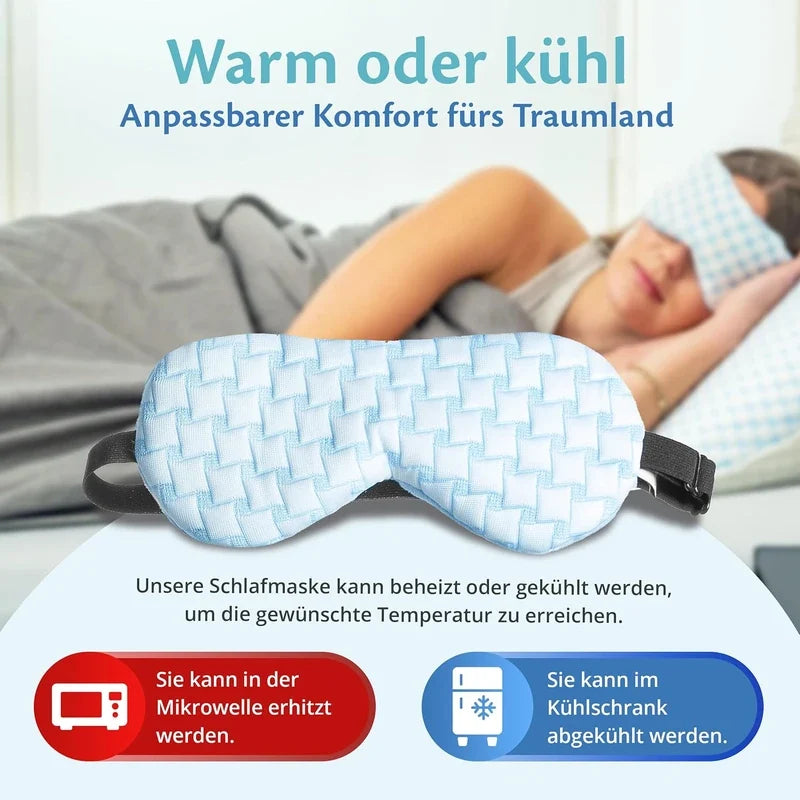 Schlafmaske vor einer im Bett schlafenden Frau, mit zwei Hinweisfeldern: in der Mikrowelle erwärmbar oder im Kühlschrank kühlbar