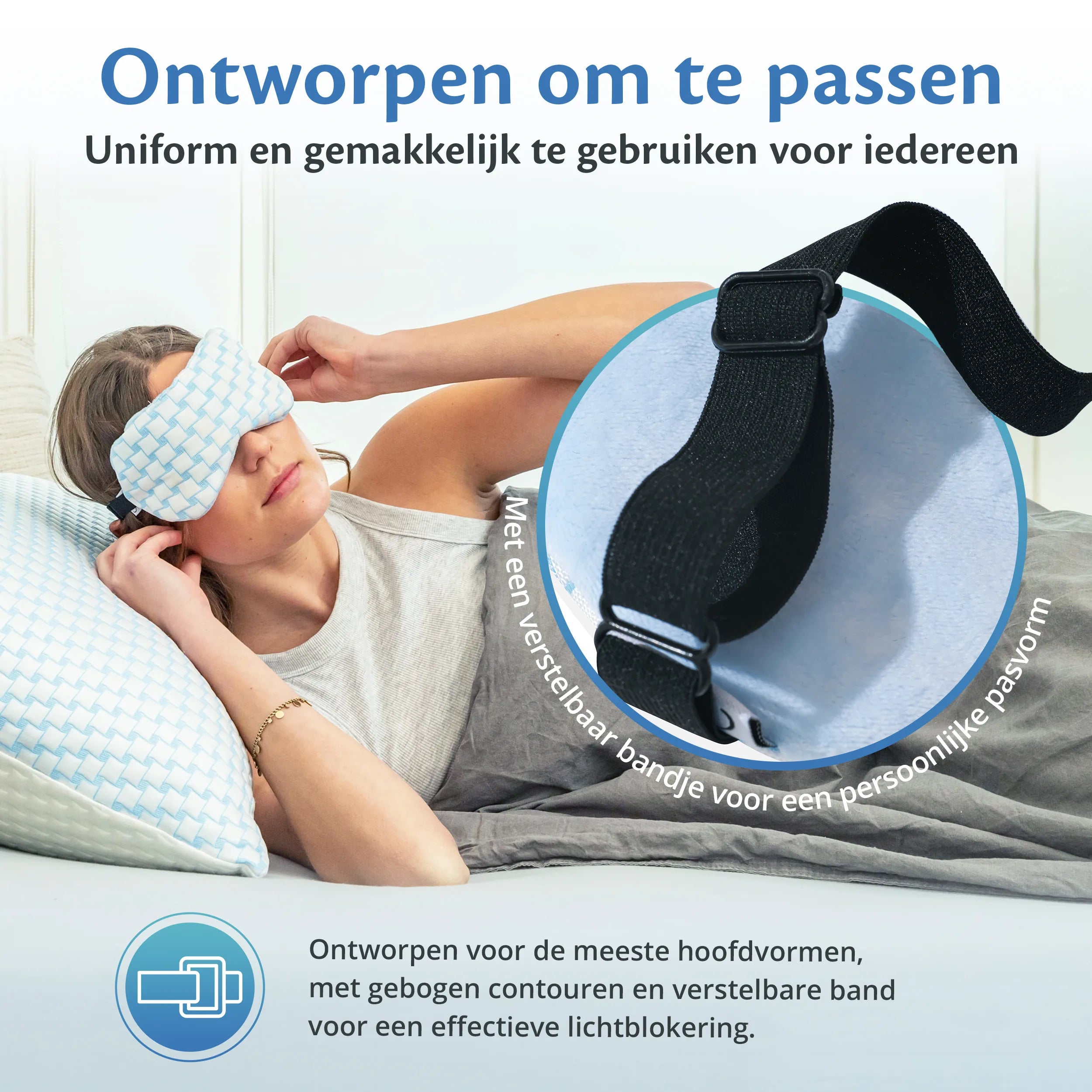 Eine Frau liegt entspannt im Bett mit einem Kissen und einem Kissenbezug, während sie die Ella Gewichts-Schlafmaske trägt.