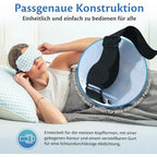 Seitenschläferin mit aufgesetzter Maske und vergrößertem Detail des verstellbaren Gummibands für eine lichtdichte Passform