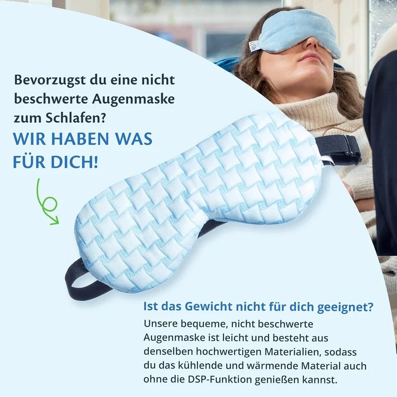 Hinweis auf die nicht beschwerte Augenmaske aus demselben Material, mit grünem Pfeil zum leichteren Modell